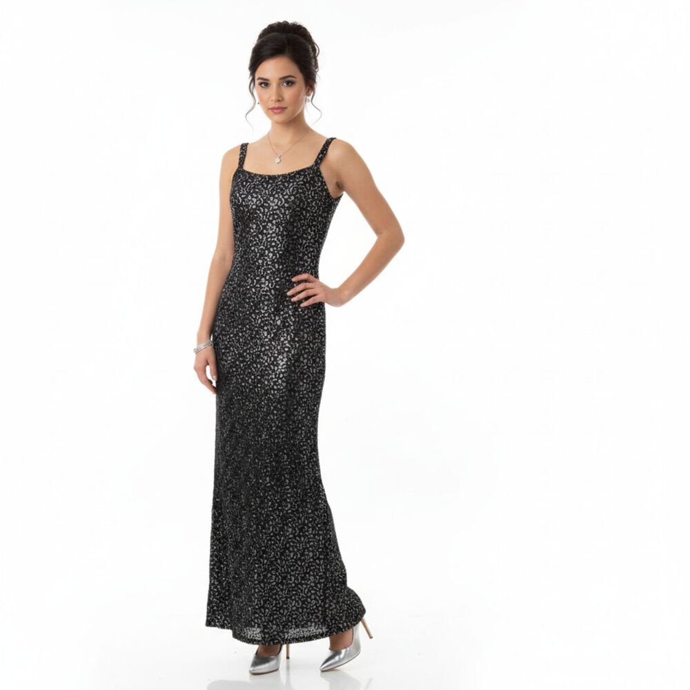 Jessica McClintock Black & Silver Vintage Long Maxi Dress 5-6